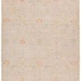 Traditional rectangular rug with faded cream background and pastel blue, orange, yellow, and green floral Oushak pattern