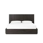 Leo Bed in dark oak with tall vertical reed panel headboard and horizontal wood grain footboard in modern minimalist style