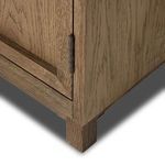 Detailed corner of glass door showing rustic metal hinge against drifted oak wood grain