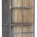 Tall grey display cabinet with wood back, metal frame, grid-like glass door, and unique gold handle