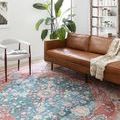 Close-up of Skye Brick / Ocean Rug under brown leather couch and near white armchair in styled living room