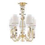 Frontal view of Amina Chandelier featuring nine light arms with matching white linen shades and aged brass details