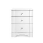 Front view of Flanders side table highlighting the elongated vertical wood bands and drawer layout