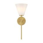 Wall sconce viewed from front with circular brass backplate clearly visible behind rod