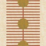 Terracotta peel and stick wallpaper with vertical brown lines and large mustard yellow circles on cream background