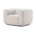 Angled side-front view highlighting chair’s plush rounded arms and swivel base