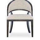 Front view showing cream fabric seat and curved barrel back with black sand wood frame