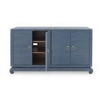 Front view with one cabinet door open revealing wood interior shelves and metal hinge