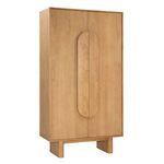 Tall natural mindi wood veneer cabinet with clean lines and oval vertical door handles on block legs