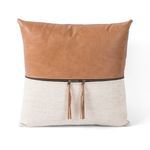 Square linen throw pillow with tan top-grain leather panel and leather zipper pulls across center