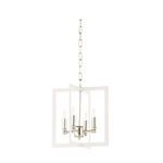 Bayberry Hanging Pendant with crisp white rectangular frame and polished nickel accents holding four candle-style lights