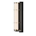 Blaine Wall Sconce with milky glass tube held by polished brass rings mounted on oil-rubbed bronze backplate