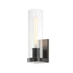 Old bronze 1-light wall sconce with clear cylindrical glass shade and knurled socket detail