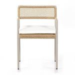 Front view highlighting the rectangular woven back support and white seat cushion