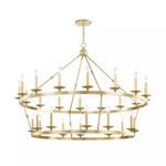 Large two-tier gold wagon-wheel chandelier with 28 candle-style lights and spherical detail on top