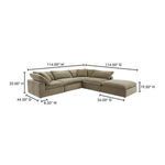 Terra sectional with dimensional measurements labeled for width, depth, and height in taupe fabric
