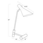 Technical line drawing with dimensions showing overall height, base, and shade size of Spyder Task Lamp