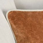 Close-up on pillow corner resting on sofa revealing velvet nap and fine pipe edging
