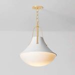 Coventry Pendant hanging from ceiling showing illuminated glossy opal glass shade from a distance