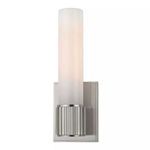 Fulton 1 Light Wall Sconce with brushed nickel finish and cylindrical frosted glass shade on rectangular backplate