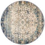Round version of rug highlighting distressed medallion floral design and muted blue accents