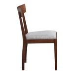 Leone Dining Chair side view emphasizing walnut frame and light grey textile upholstery