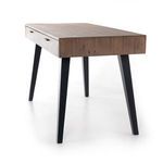 Angular perspective of desk showing left side edge and metal legs