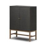 Fiona Bar Cabinet angled view highlighting woven raffia texture and mahogany legs