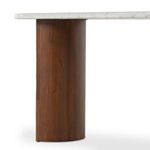 Angle highlighting rounded acacia crescent leg supporting the white marble top
