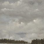 Close-up detail showing the cloudy overcast sky with soft brushstrokes in various grays