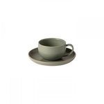 Artichoke green stoneware tea cup with round handle on matching flat saucer with matte finish