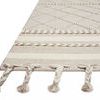 Close-up of Sawyer Silver Rug braided tassel fringe and layered horizontal stripe pattern