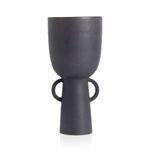 Anillo Narrow Vase in matte black with bold shapes, vessel atop a smaller base, and circular handles on sides