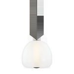 Pendant light with a close crop, focusing on the junction of glass shade and metal rod
