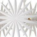 Close-up of palm fronds with visible light bulb and metal spokes inside chandelier