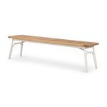 Modern outdoor dining bench with matte ivory metal frame and wooden slatted seat in warm natural tones