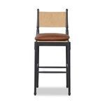 Fayth Bar + Counter Stool with black-finished solid ash frame, woven paper cord backrest, and brown linen cushion