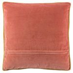 Back of pillow showing solid coral velvet with gold band and a horizontal closure flap