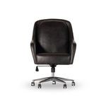 Front view highlighting the chair’s full backrest and seat cushion in black leather