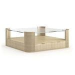 Cocktail table angled view showing fluted rounded corners and storage drawers below glass top