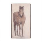 Steadfast painting by Paul Meyer showing a textured brown horse on a light beige background in a wooden frame