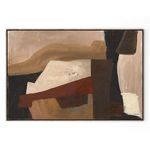 Abstract painting with layered earth tones including beige, brown, black, and rust creating textured shapes on canvas