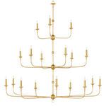 Multi-tier gold chandelier shown with balanced upward and outward arm curves