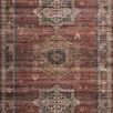 Anniston Spice Multi traditional area rug with distressed red, beige, blue, and brown geometric motifs and a detailed border