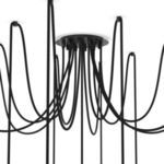 View looking up at black canopy and thick black cords suspending Spider Chandelier globes