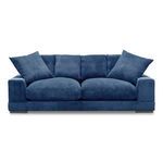 Plunge Sofa in deep blue corduroy fabric with plush seating cushions and two matching throw pillows