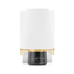 Isolated view of lamp with shade slightly angled, showing four brass knob details securing the shade