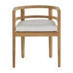 Front view with seat cushion in white outdoor fabric on natural teak frame