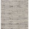 Modern 5x7 area rug with distressed gray and cream striped design and cream fringe edges
