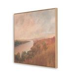 Side angle view highlighting the wooden frame around the muted river landscape painting